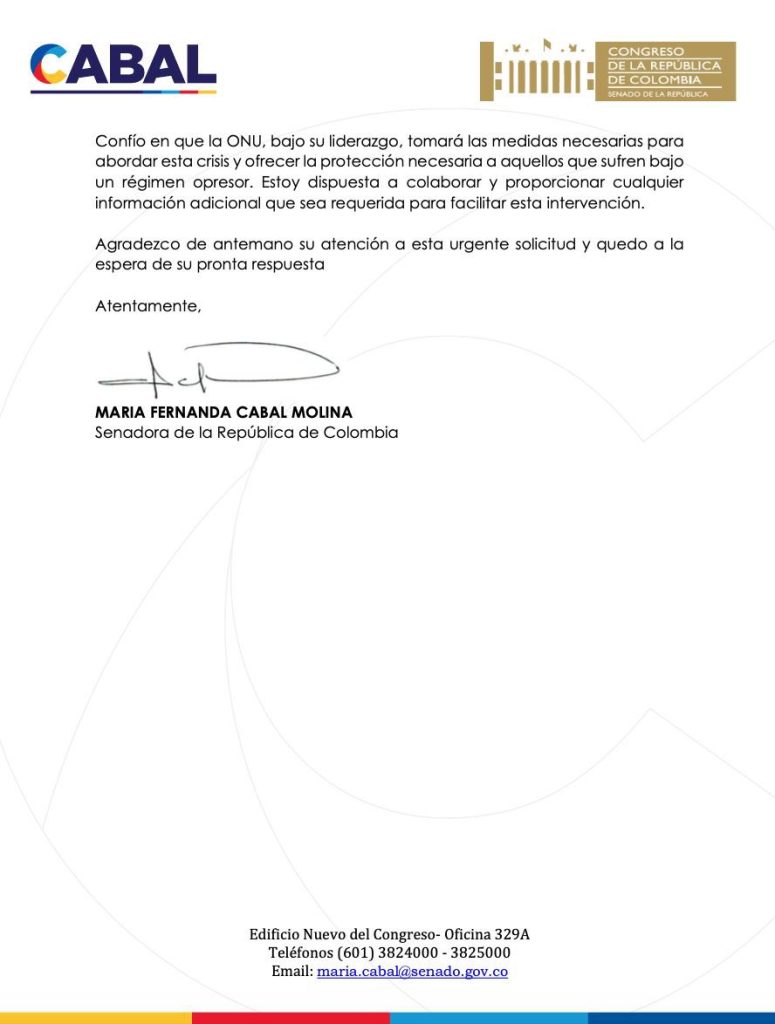 Senadora María Fernanda Cabal solicita intervención de la ONU en Venezuela 2 c9b6fd90 014c 4326 b562 e0a2be757480