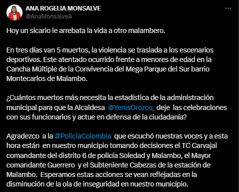 Congresista Ana Monsalve denuncia ola de violencia en Malambo y exige acción inmediata a la Alcaldía 1 image 1