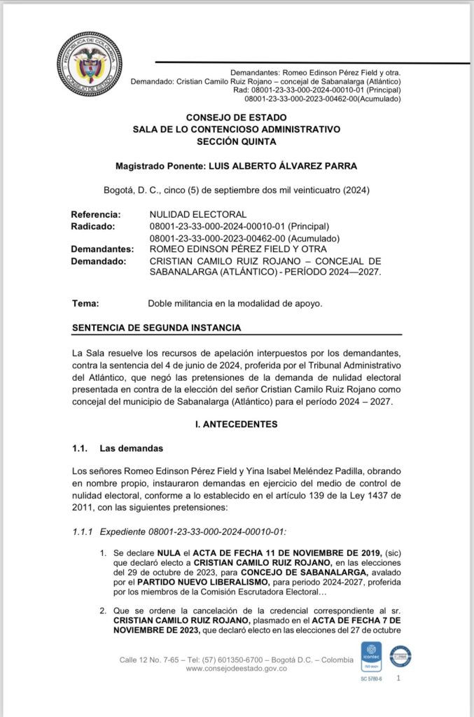 Consejo de Estado anula elección de concejal en Sabanalarga por doble militancia 1 GWztIIcX0AAnh y