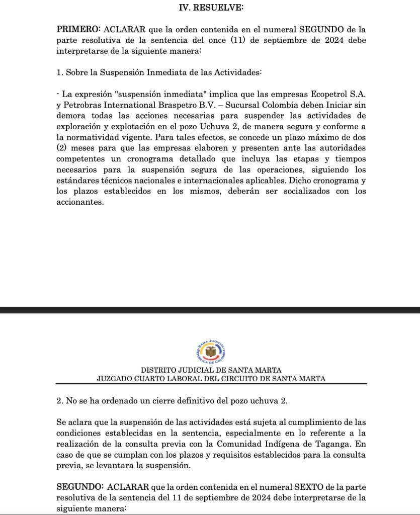 Juez de Santa Marta aclara orden judicial sobre el pozo Uchuva 2 y establece plazo de dos meses para suspender actividades 1 GX60nmLWUAAeTJ6