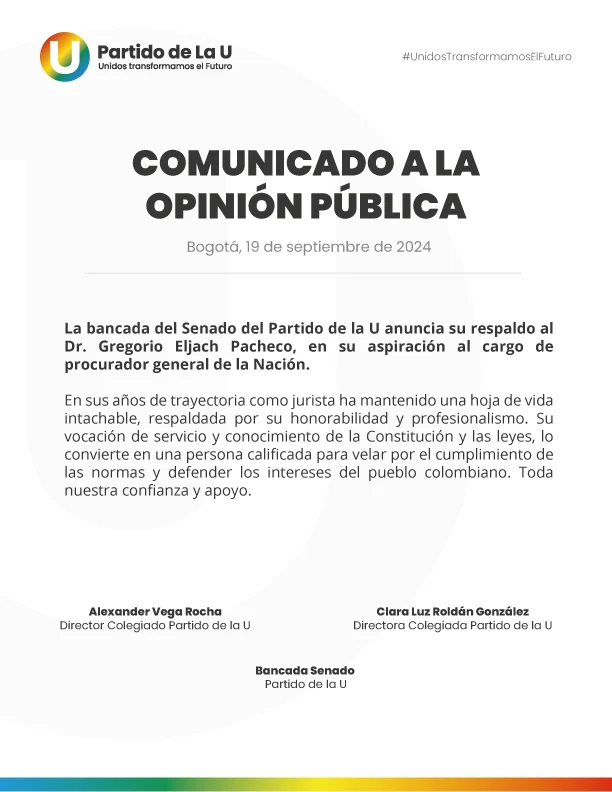 Gregorio Eljach, el favorito para la Procuraduría General de la Nación con amplio respaldo político 2 Partido de la U 1