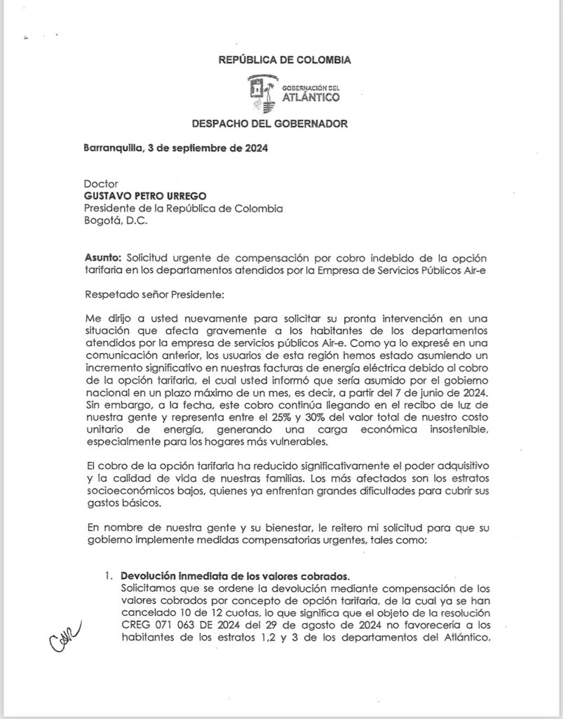 Gobernador del Atlántico pide medidas urgentes para solucionar crisis en el sector eléctrico 1 carta a petro por aprte de verano
