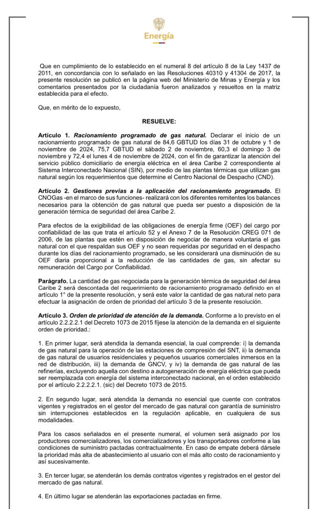 Racionamiento de gas natural para la Costa Caribe: Ministerio de Minas emite resolución clave para garantizar el servicio eléctrico 2 Borrador 2