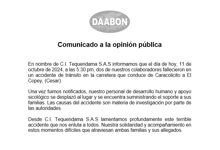 Grupo Daabon lamenta la pérdida de dos de sus trabajadores en trágico accidente de tránsito 1 WhatsApp Image 2024 10 12 at 9.55.56 AM