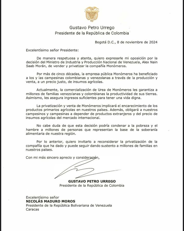 Privatización de Monómeros afectaría la soberanía alimentaria de Colombia y Venezuela, dice el presidente Gustavo Petro 1 241213 Privatizacion de Monomeros afectaria la soberania alimentaria 2 1280