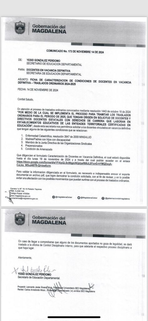 Traslados docentes en Magdalena: Secretaría de Educación establece directrices claras 1 WhatsApp Image 2024 11 18 at 12.51.03 PM