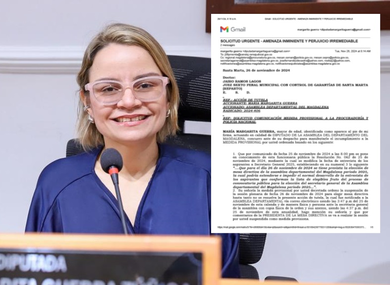 Diputada María Guerra interpone tutela para exigir se cumpla medida provisional en elección de Mesa Directiva de la Asamblea del Magdalena 1 y 14