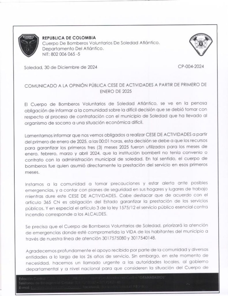 COMUNICADO A LA OPINION PUBLICA CESE DE ACTIDADES CP 004 2024 page 0001