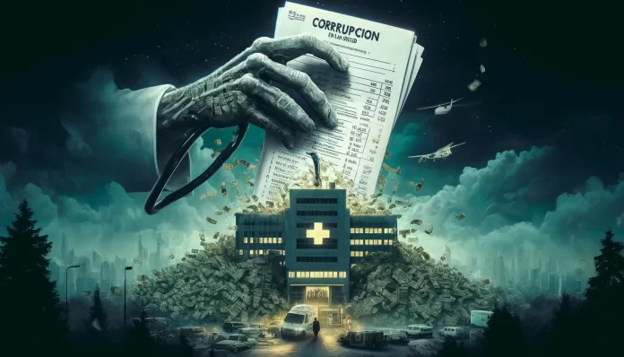 DALL·E 2025-01-15 13.00.30 - Una ilustración impactante y simbólica que represente la corrupción en el sistema de salud en Colombia, enfocada en las EPS que facturan por pacientes