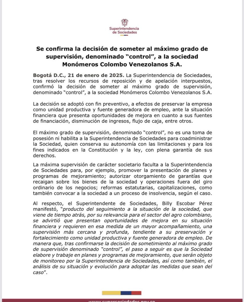 Superintendencia de Sociedades confirma supervisión máxima para Monómeros Colombo Venezolanos S.A. 1 Gh0IS9MXQAA89Z2