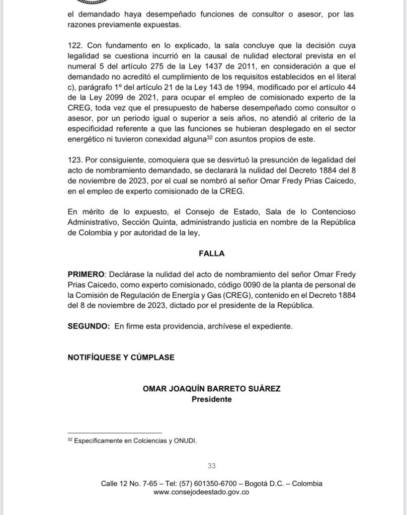 Consejo de Estado tumba nuevamente designación de Omar Fredy Prías en la CREG por falta de experiencia técnica 1 GiTWO6IWAAAAVjY