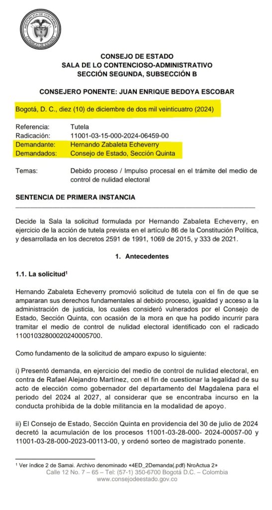 Hernando Zabaleta Echeverry no logra su objetivo: Consejo de Estado niega su solicitud de tutela 1 IMG 20250115 WA0048