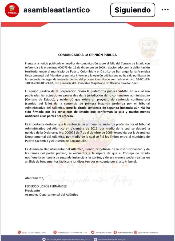 Disputa territorial entre Barranquilla y Puerto Colombia: Asamblea y Alcaldía se pronuncian ante fallo del Consejo de Estado 1 20250208 203623