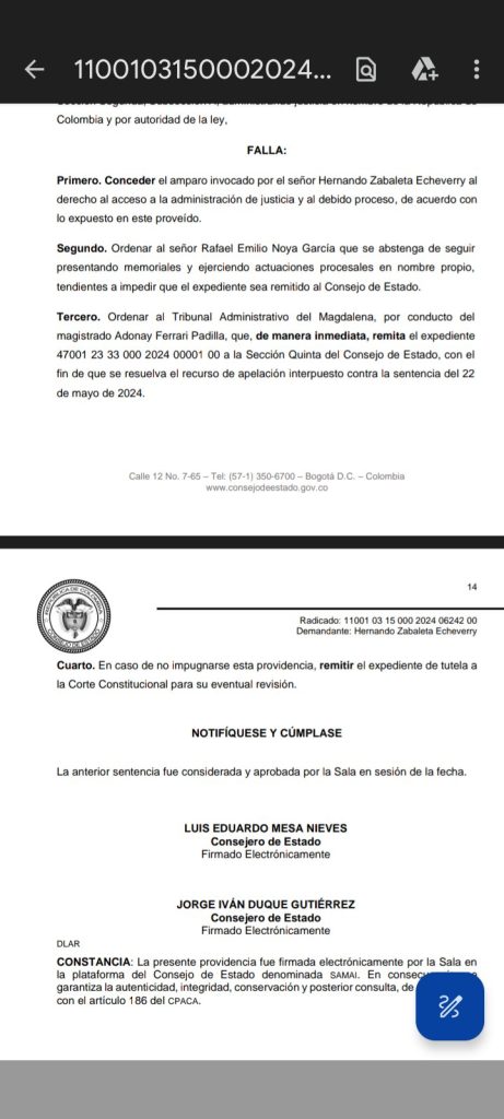 Consejo de Estado ordena al Tribunal Administrativo del Magdalena remitir proceso del diputado Rafael Noya 2 Gip3BYkWoAAUuox