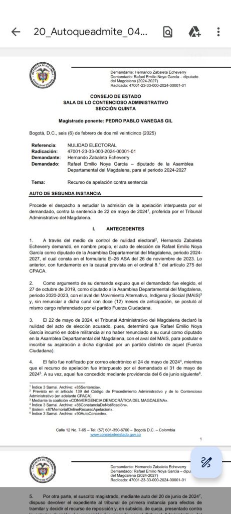 Consejo de Estado da tres días para alegatos de conclusión en proceso de nulidad electoral contra el Diputado Rafael Noya 1 GjNJG0NWEAAVOyr