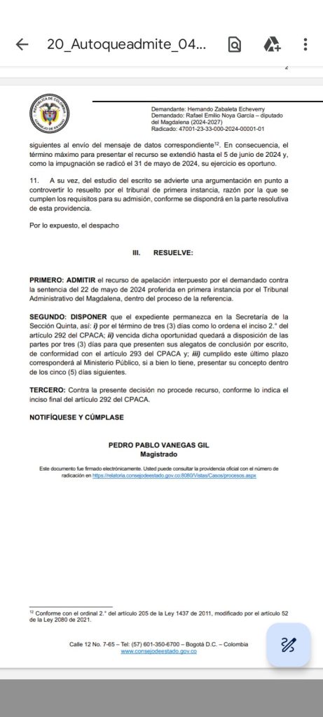 Consejo de Estado da tres días para alegatos de conclusión en proceso de nulidad electoral contra el Diputado Rafael Noya 2 GjNJG14WQAAxbC5