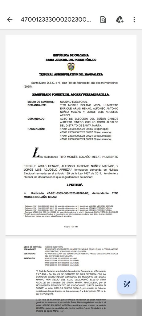 Tribunal Administrativo del Magdalena desestima demandas contra la elección del Alcalde de Santa Marta 1 Gj rhkqXMAAj4BC