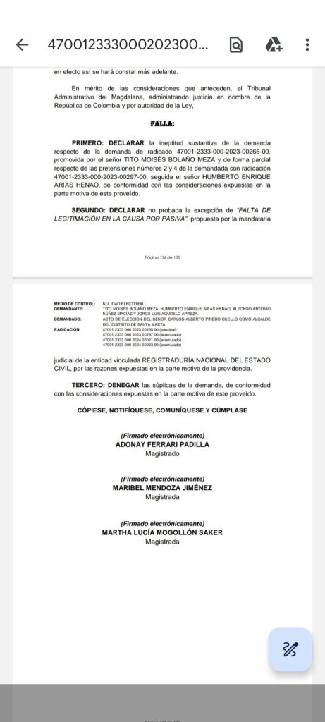 Tribunal Administrativo del Magdalena desestima demandas contra la elección del Alcalde de Santa Marta 2 Gj rhmYWIAAUk6J