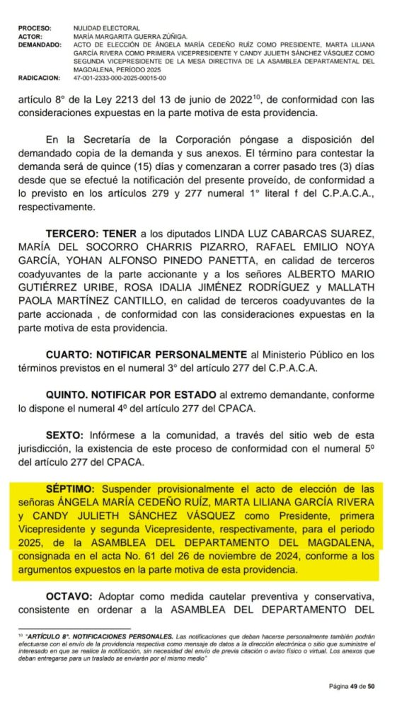 Suspendida la mesa directiva de la Asamblea del Magdalena tras demanda de nulidad electoral 3 WhatsApp Image 2025 02 27 at 14.24.06 1