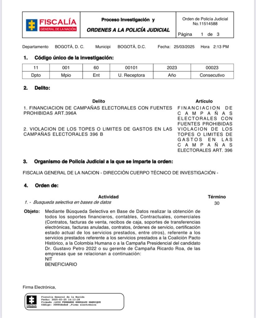 Fiscalía ordena investigación sobre financiación de campaña presidencial de Petro 1 20250326 205812