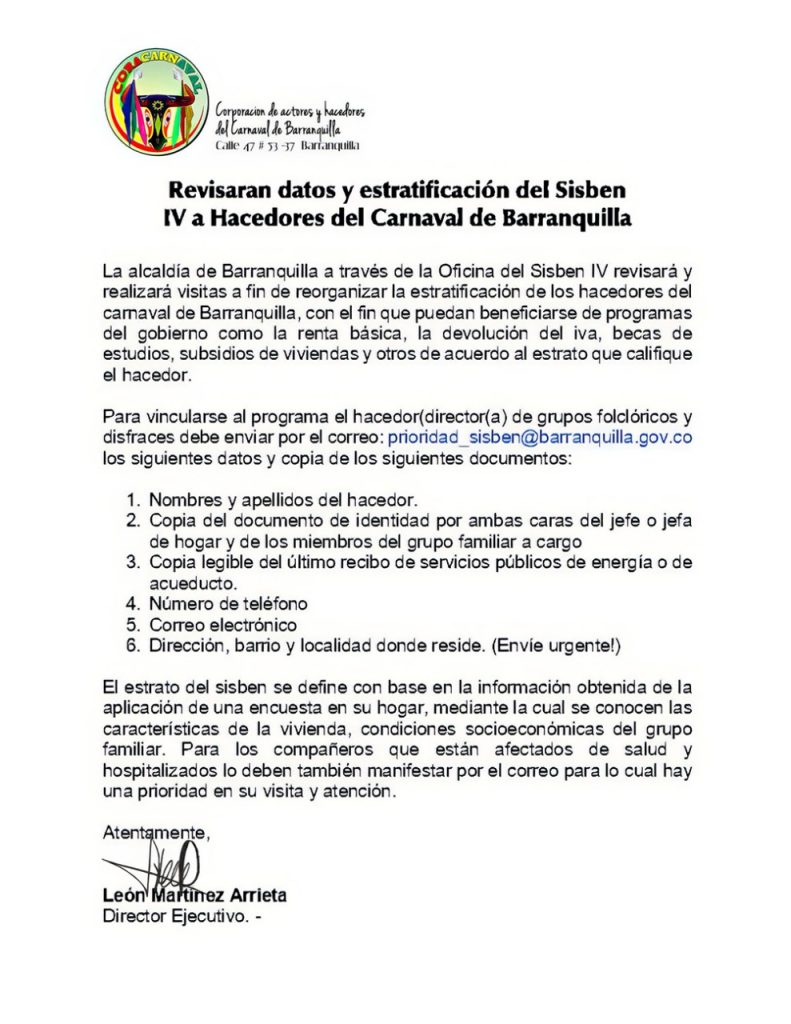 Barranquilla revisara la estratificacion del Sisben IV para hacedores del Carnaval