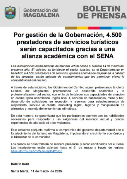 Gobernación del Magdalena y SENA capacitarán a 4.500 prestadores de servicios turísticos 2 d19b7fd5 6243 4d64 848f 71a6041e43eb