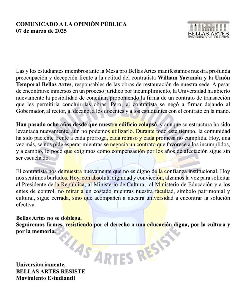 Estudiantes de Bellas Artes denuncian incumplimiento en obras de reconstrucción y exigen respuestas a autoridades 1 GoAnOA0WAAArCLC