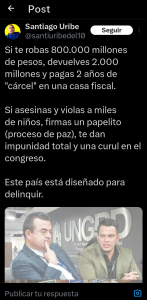 Pensamientos de Santiago Uribe: Si te robas $800 mil millones devuelves $2.000; Dialogo con el M19 no debió existir; Próximo presidente no debe acabar con RTVC 1 Screenshot 20250418 215712 834