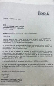 Hidroeléctrica Urrá en el ojo del huracán: nombran como presidente encargado a exempleado pensionado y despedido 1 Carta del actual presidente de Urra 652x1024 1