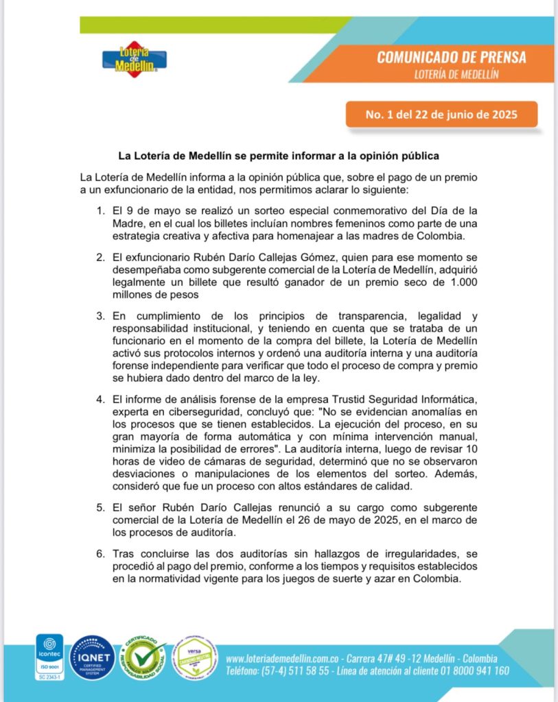 Comunicado Loteria de Medellin