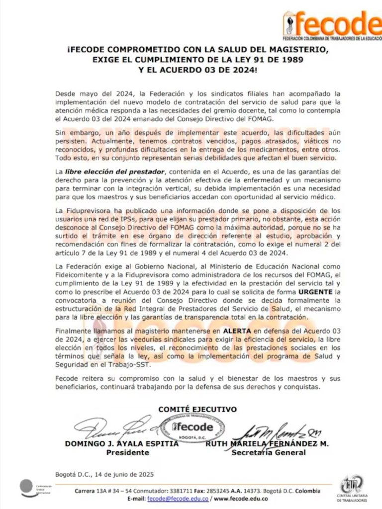 A un año del nuevo modelo de salud, Fecode denuncia colapso del sistema para el magisterio y exige acción urgente 1 ERHGRU7GLFG5DAJ4XP7IJA725U
