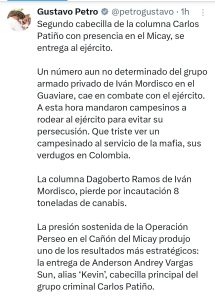 Se entregó alias "Kevin", cabecilla de disidencias de las FARC en el Cauca: confirmó el presidente Petro 1 GzVyuIUW4AALc1B