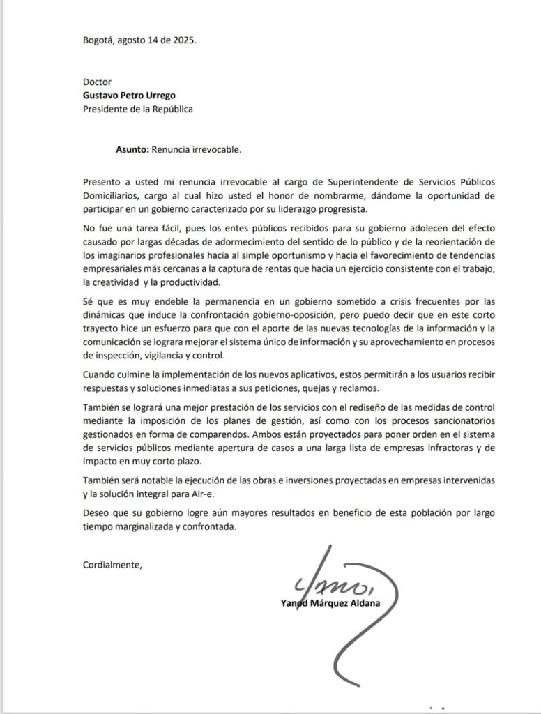 Renuncia de Yanod Marquez agosto 15 de 2025