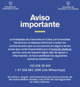 Cancillería activa líneas de atención para colombianos ante el paso del Huracán Melissa 1 G4bMveOXcAAoza