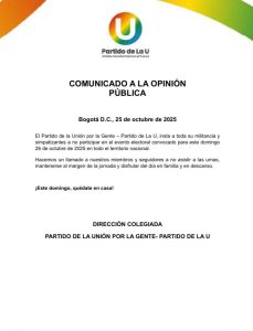 Partido de la U llama a su militancia a no participar en la jornada electoral de este domingo 1 IMG 20251025 WA0007
