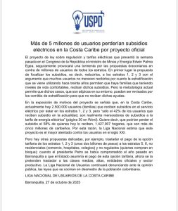 Liga Nacional advierte que más de cinco millones de usuarios en la costa caribe podrían perder subsidios de energía eléctrica 1 IMG 20251026 WA0018 1